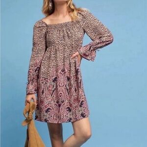 Anthropologie Maeve Milou Smocked Dress Paisley Leopard Print Sz XS